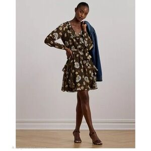 Lauren Ralph Lauren Floral Print Ruffle V Neck Long Sleeve Mini Dress Size 10